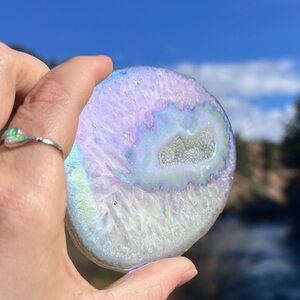 Angel Aura Iridescent Druzy Banded Agate Crystal Geode Slice